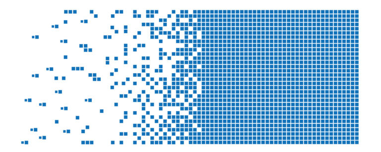 Dissolved filled square dotted vector icon with disintegration effect. Rectangle items are grouped into disappearing filled square form