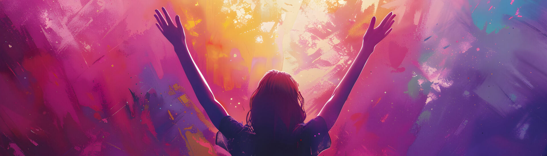 A woman raises her hands to worship and praise god in a Christian illustration with a purple and pink background.