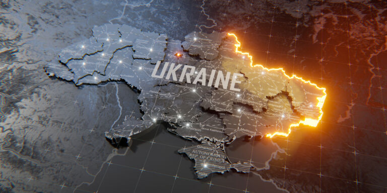 Military conflict between Ukraine and Russia. Concept map of war. cartography design. 3d render