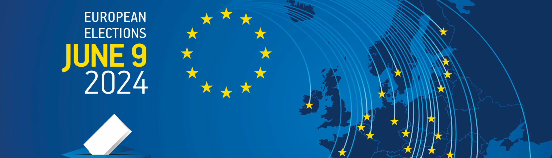 European elections June 9, 2024. Voting Day 2024 Elections in EU. EU Elections 2024. EU stars with European flag, map, ballot box and ballots on blue background