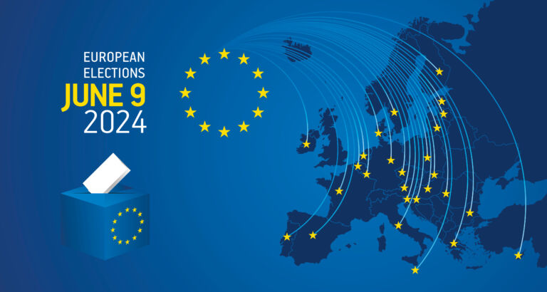 European elections June 9, 2024. Voting Day 2024 Elections in EU. EU Elections 2024. EU stars with European flag, map, ballot box and ballots on blue background
