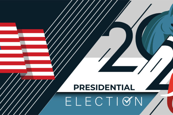 US Presidential Election Banner Background for year 2024. American Election campaign between democrats and republicans. Electoral symbols of both political parties. United States of America USA Flag.