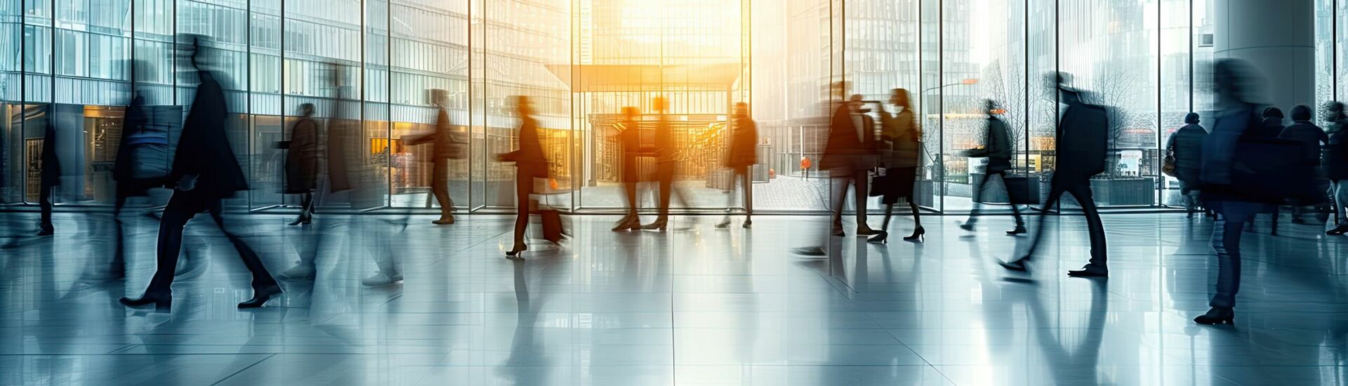 Busy businessmen and businesswomen walking in rush through modern city hall blurred motion in crowded urban fast lifestyle in business world ideal for concepts related to travel economy street life