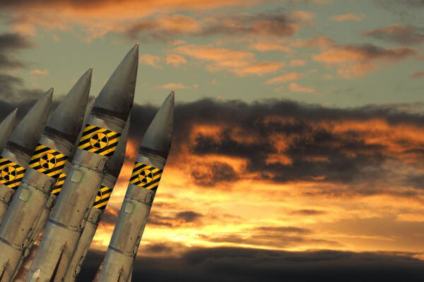 Nuclear missiles against the sky. The concept of the threat of nuclear war.