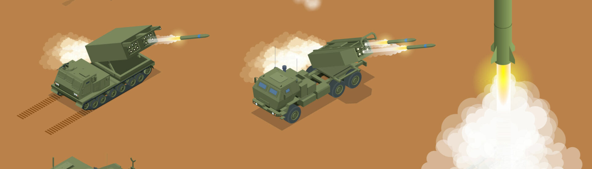 Military war set Isometric rocket salvo fire system on a wheeled landing gear. Rocket artillery. Tactical ballistic missile. Army tractor with a rocket. Medium Range Ballistic Missile.
