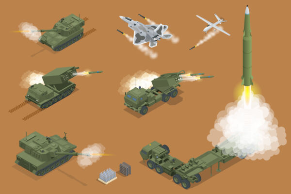 Military war set Isometric rocket salvo fire system on a wheeled landing gear. Rocket artillery. Tactical ballistic missile. Army tractor with a rocket. Medium Range Ballistic Missile.