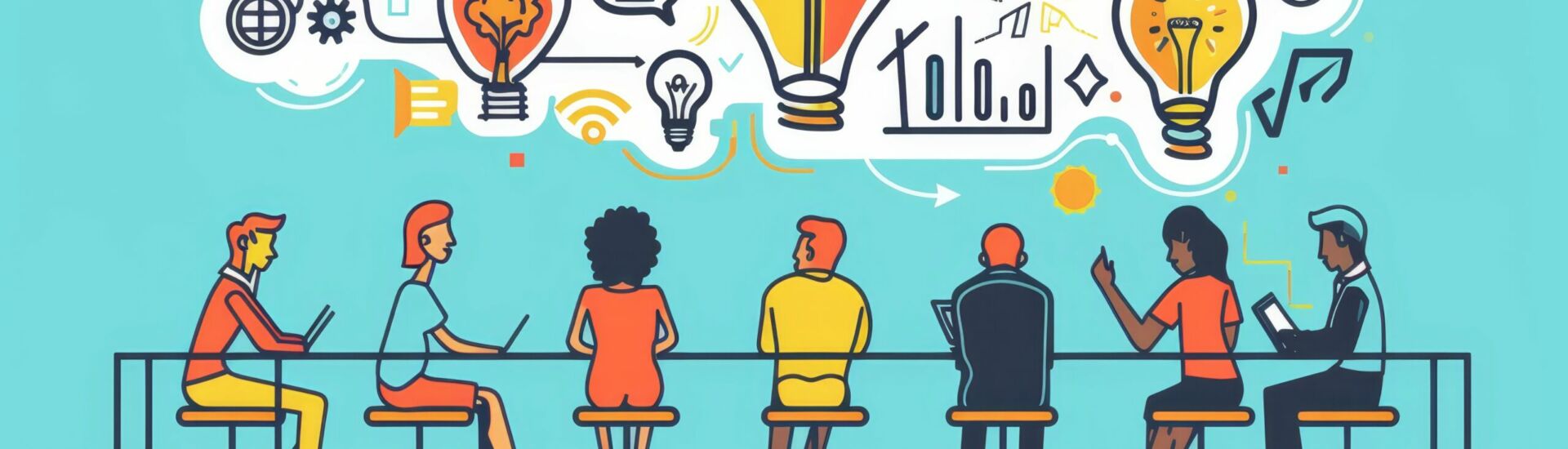 illustration of colorful creative agency business brain storm meeting people with icon line presentation young people team discussing roadmap