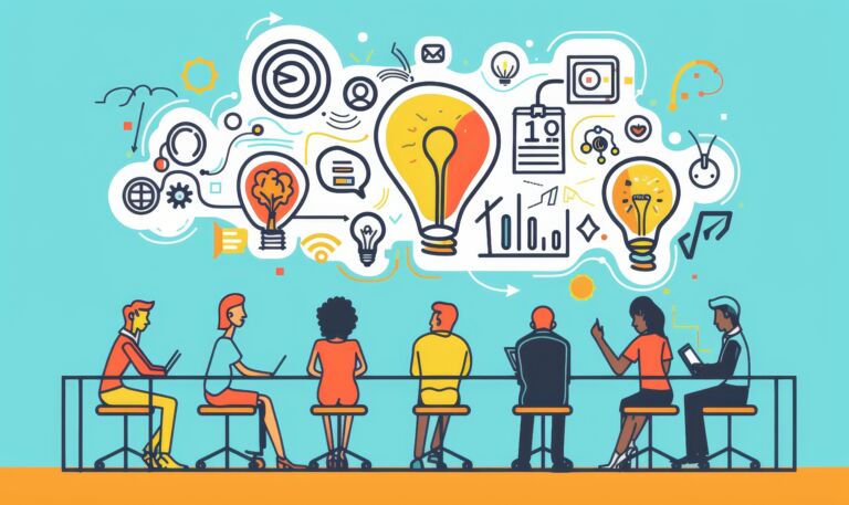 illustration of colorful creative agency business brain storm meeting people with icon line presentation young people team discussing roadmap