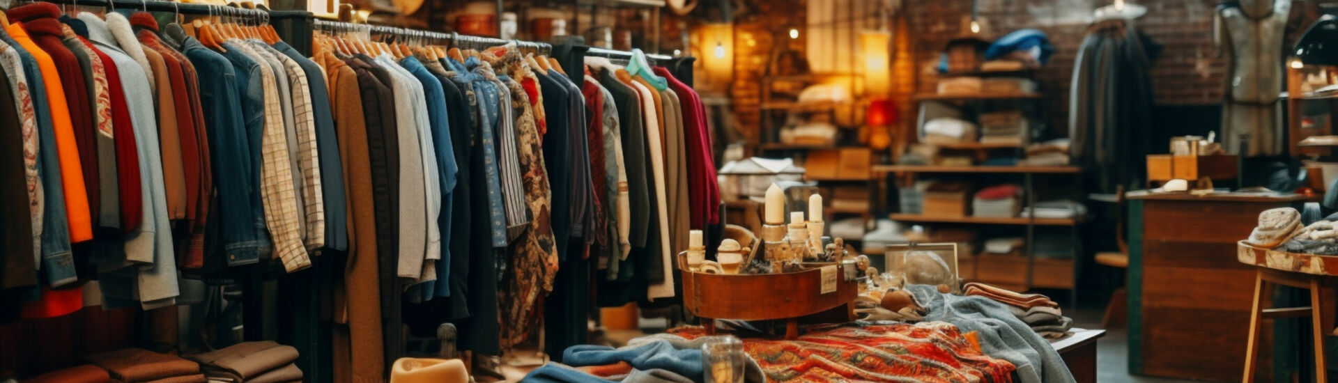 A thrift store interior showcasing a diverse array of vintage clothes and accessories, with warm wooden shelving and a cozy ambiance