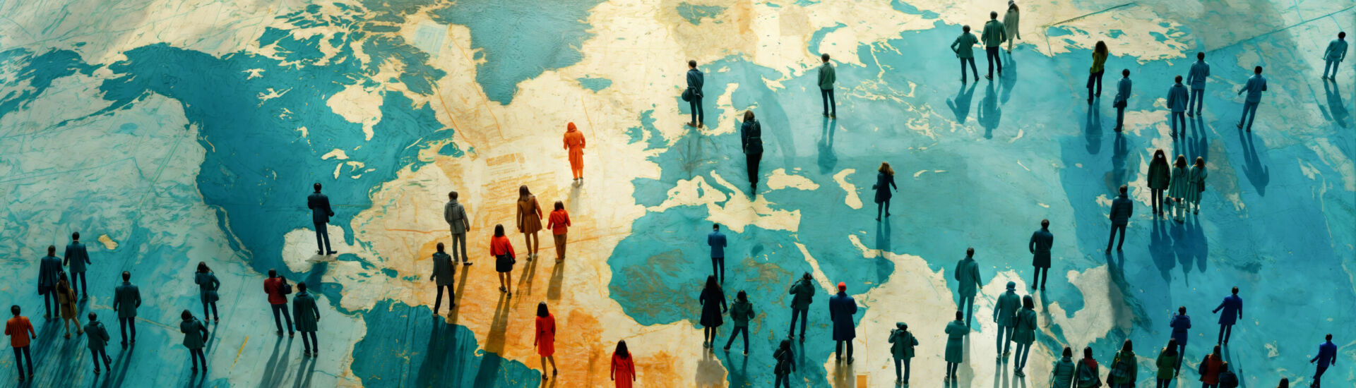 aerial view of an abstract crowd of people, walking on the world map, graphic illustration