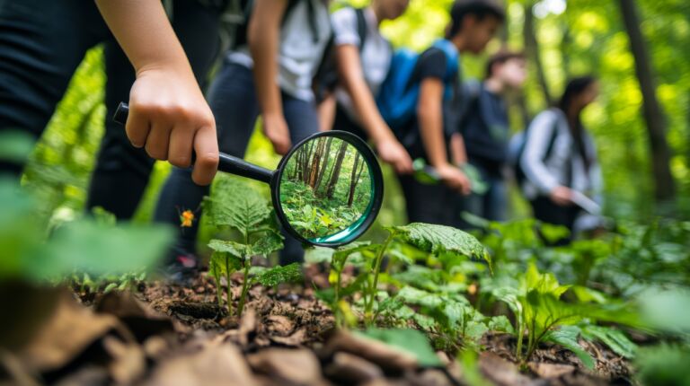 Group of Young Explorers Using Magnifying Glass to Examine Plants in a Lush Forest