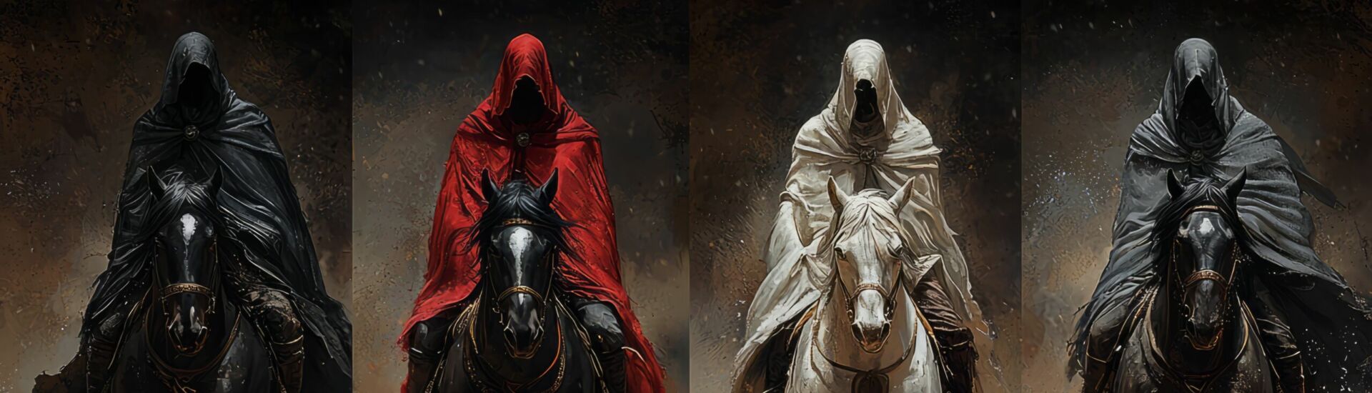 Four dark riders on horses in a dramatic fantasy scene
