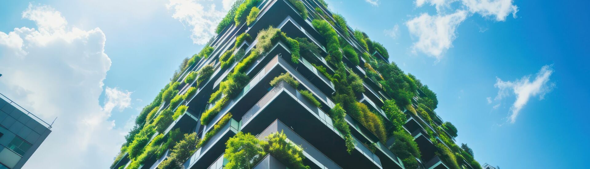 Green building with plants growing on the facade. Ecology and green living in city