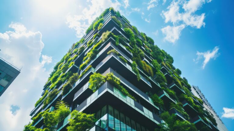 Green building with plants growing on the facade. Ecology and green living in city