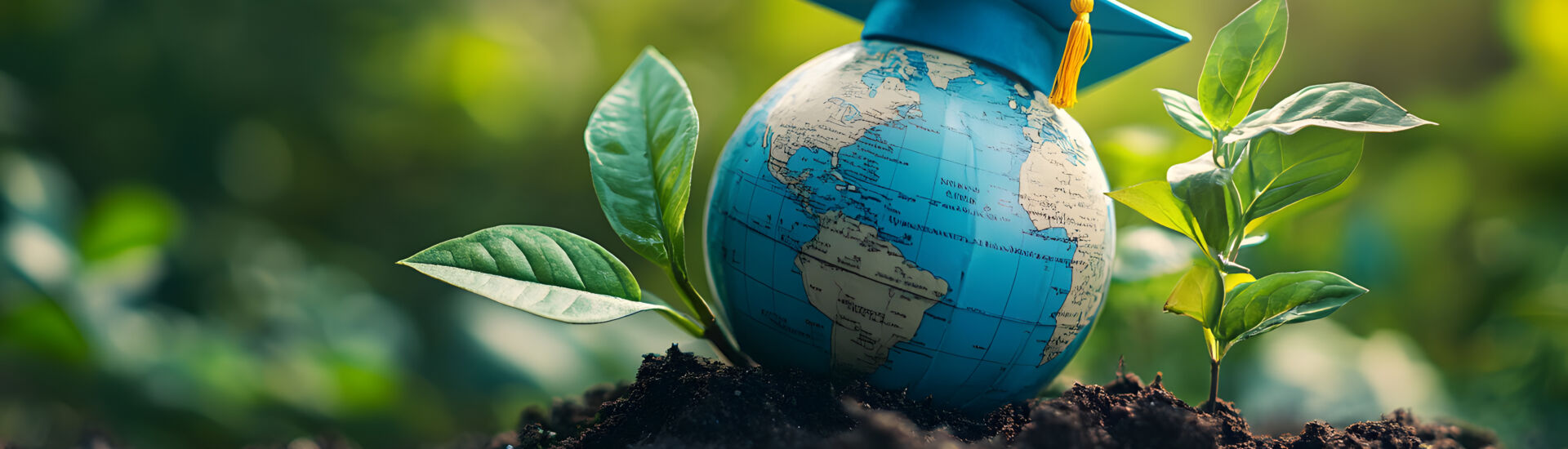 Global education concept, Earth wearing graduation cap, sustainability and learning, eco-friendly education, green future, academic growth, environmental awareness in education