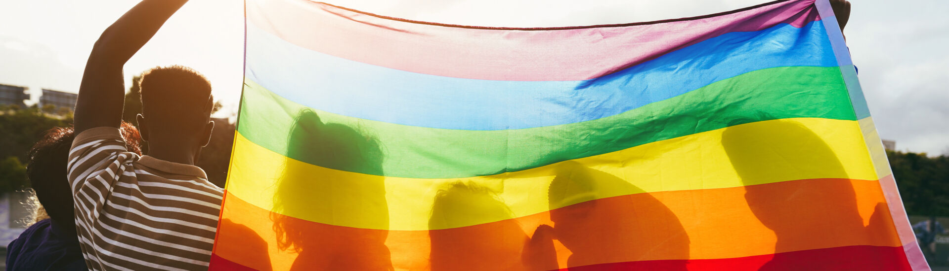 Young diverse people having fun holding lgbt rainbow flag outdoor – Main focus on african guy back