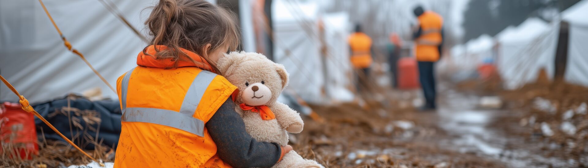 Sad refugee child wearing an orange safety vest hugging a teddy bear in a refugee camp