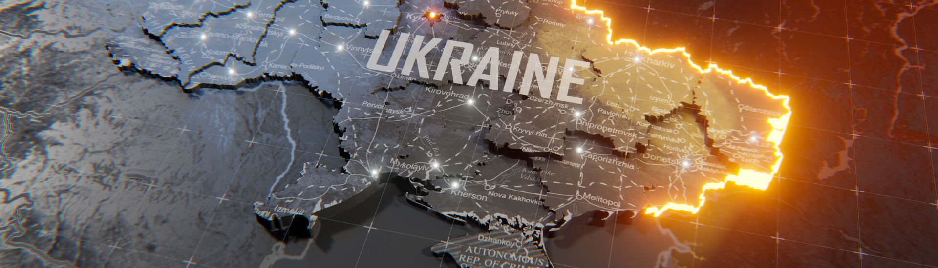 Military conflict between Ukraine and Russia. Concept map of war. cartography design. 3d render
