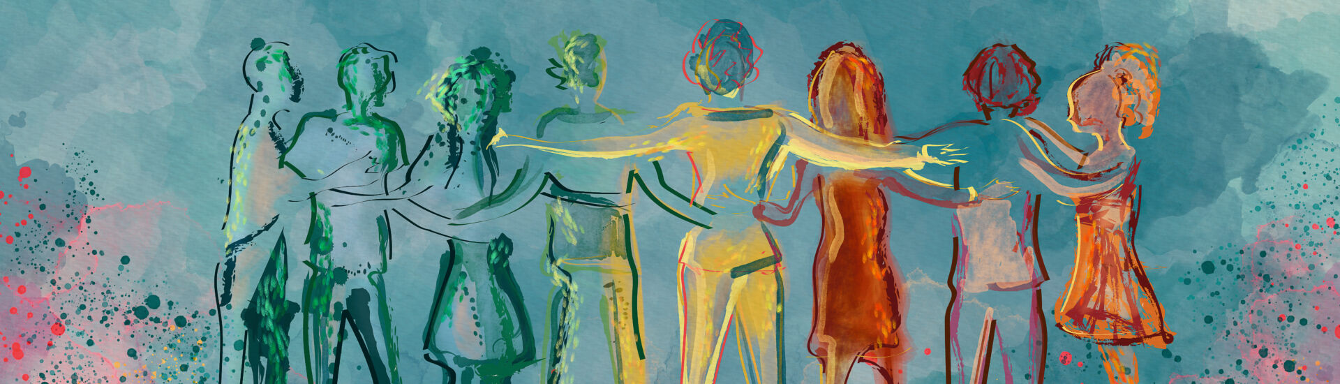 Happy group of diverse people, friends. Watercolor concept backg