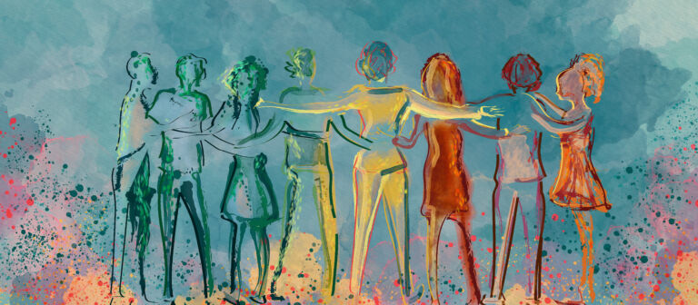 Happy group of diverse people, friends. Watercolor concept backg