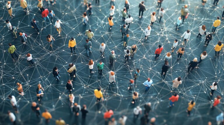 Many people connected to each other. Aerial network with a crowd of people. Generative ai generating connections. Numerous individuals were linked to lifestyle one another.