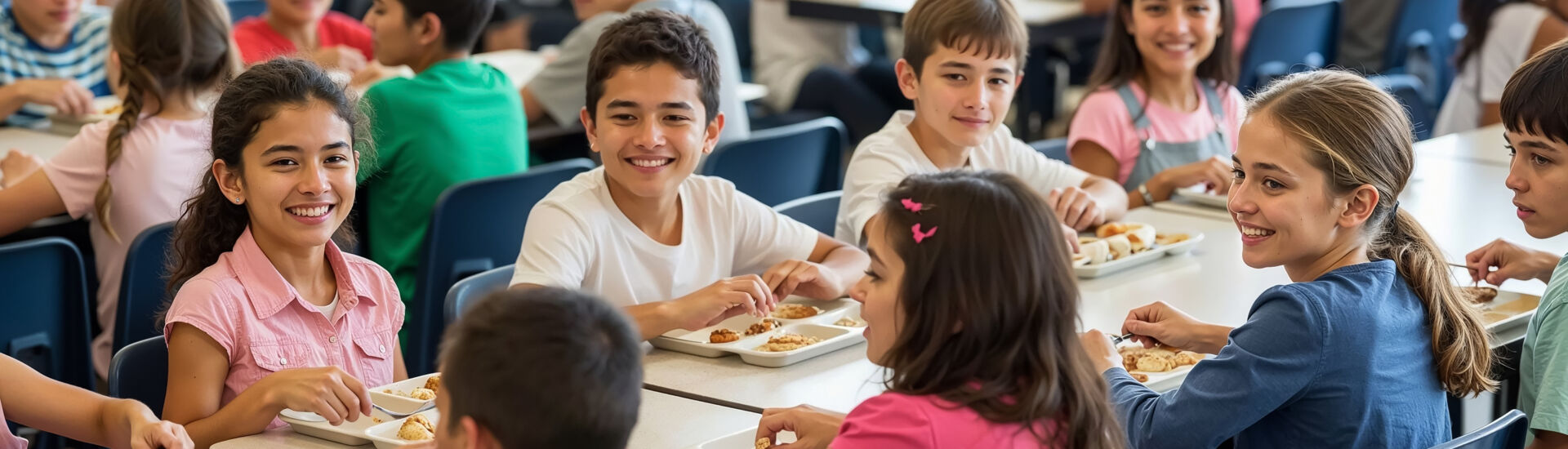 Elementary school students eating lunch in school cafeteria