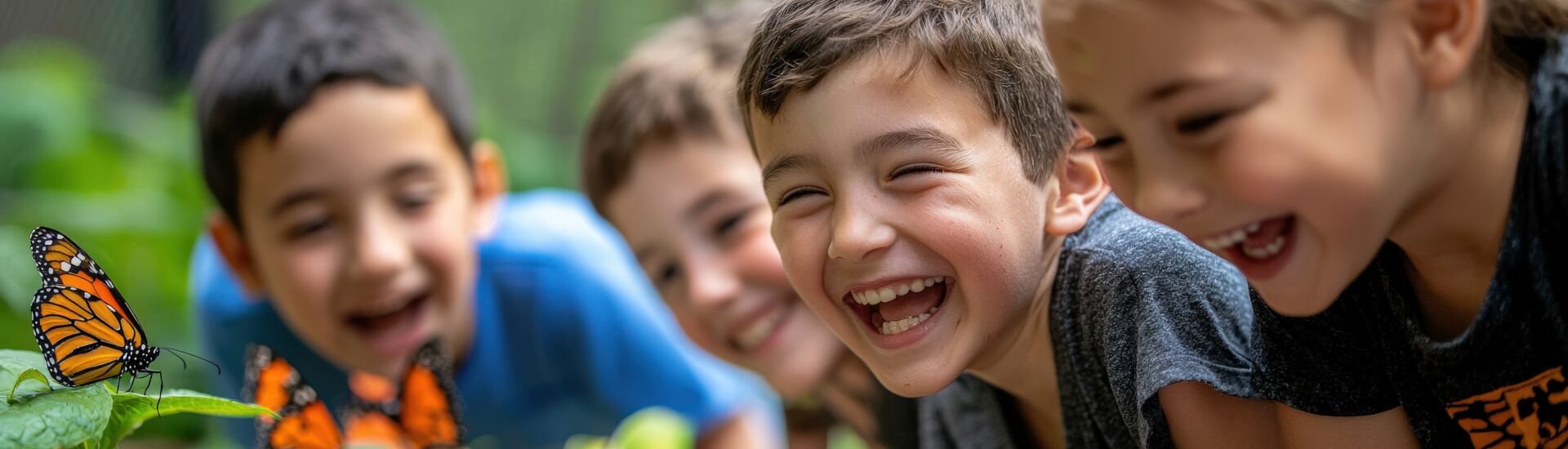 Grade school kids exploring a butterfly garden on a school field trip, guided by a teacher
