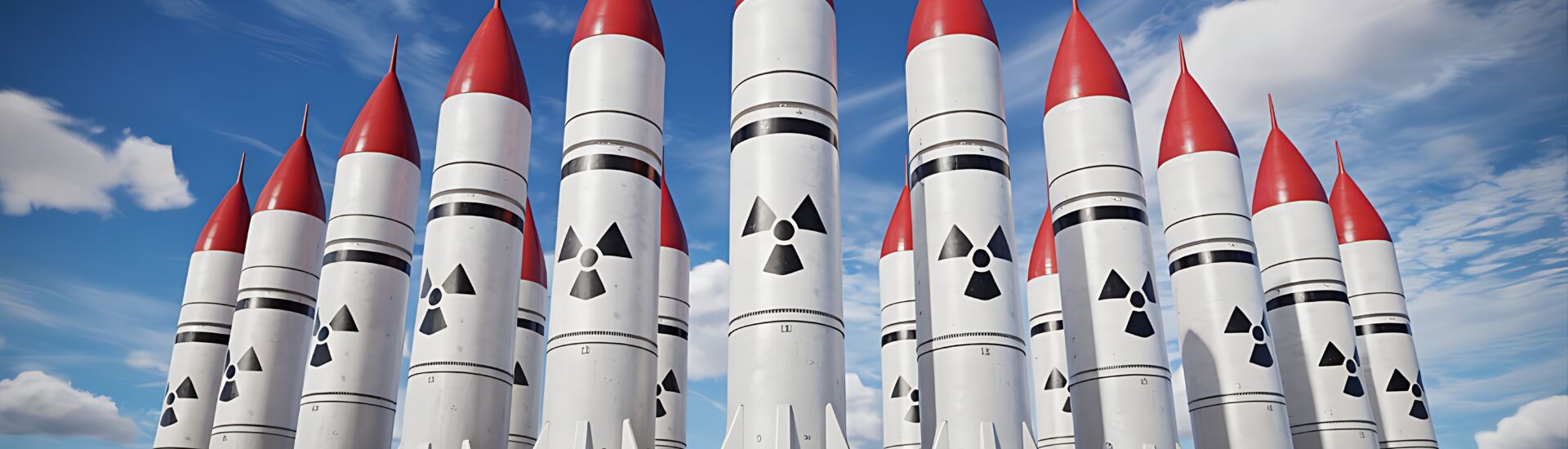 Nuclear Missiles with Radiation Symbols Against Dramatic Blue Sky
