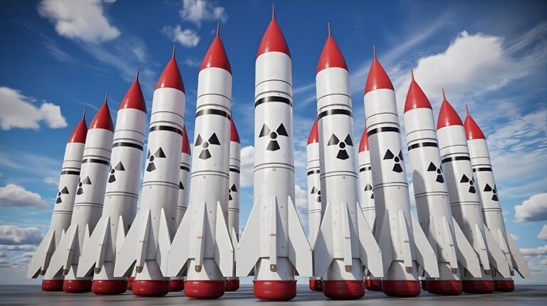 Nuclear Missiles with Radiation Symbols Against Dramatic Blue Sky