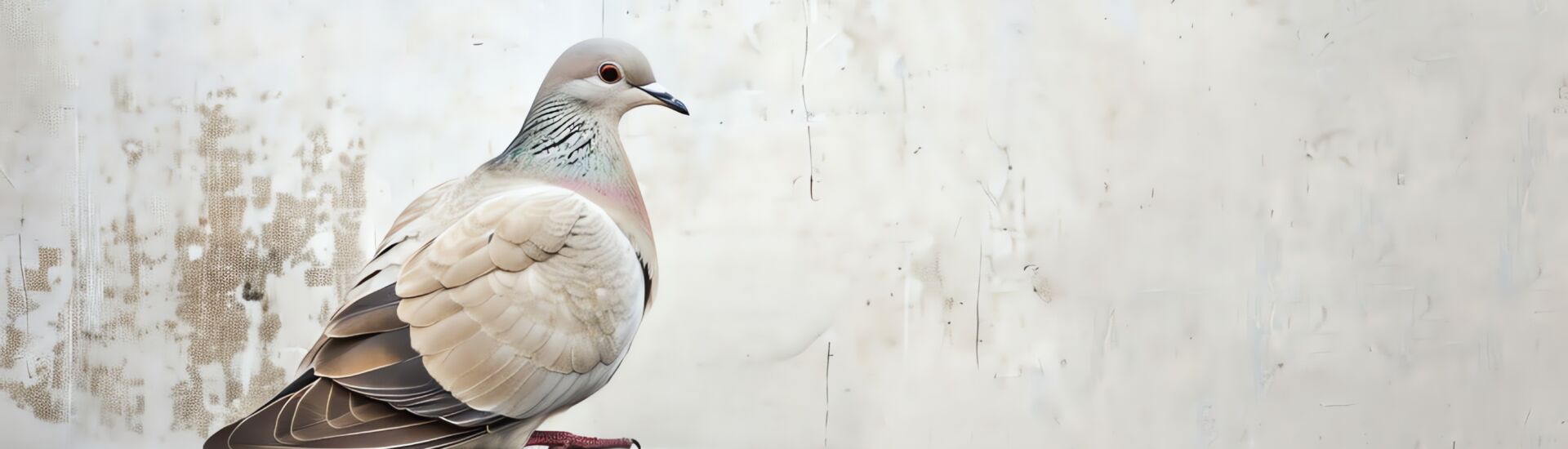 A pigeon with a beige and gray plumage is perched on a ledge against a white background. The pigeon is looking to the right of the frame.