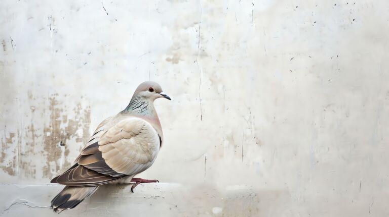 A pigeon with a beige and gray plumage is perched on a ledge against a white background. The pigeon is looking to the right of the frame.