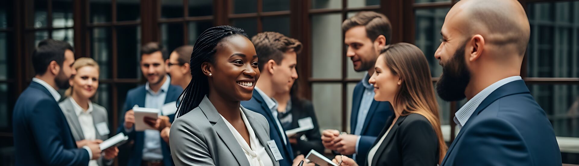 Diverse group of professionals shaking hands and networking at a business event