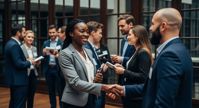 Diverse group of professionals shaking hands and networking at a business event
