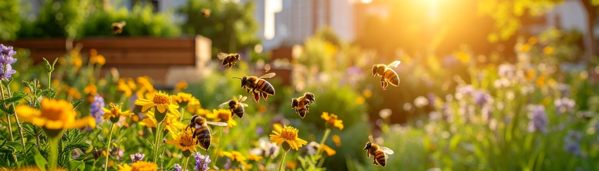 Urban garden buzzing with activity as bees pollinate flowers amidst the city , the growing trend of beekeeping in urban environments