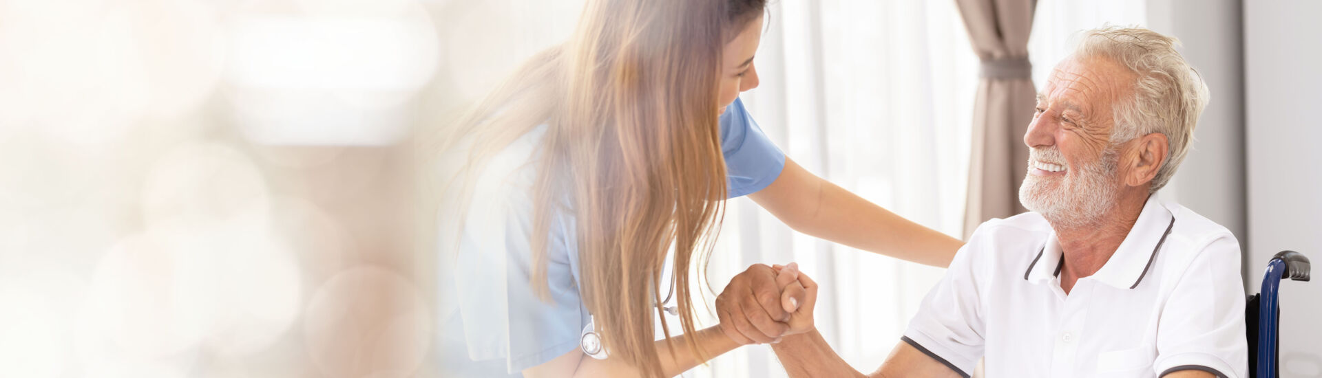 Web banner Man being cared for by a private Asian nurse at home