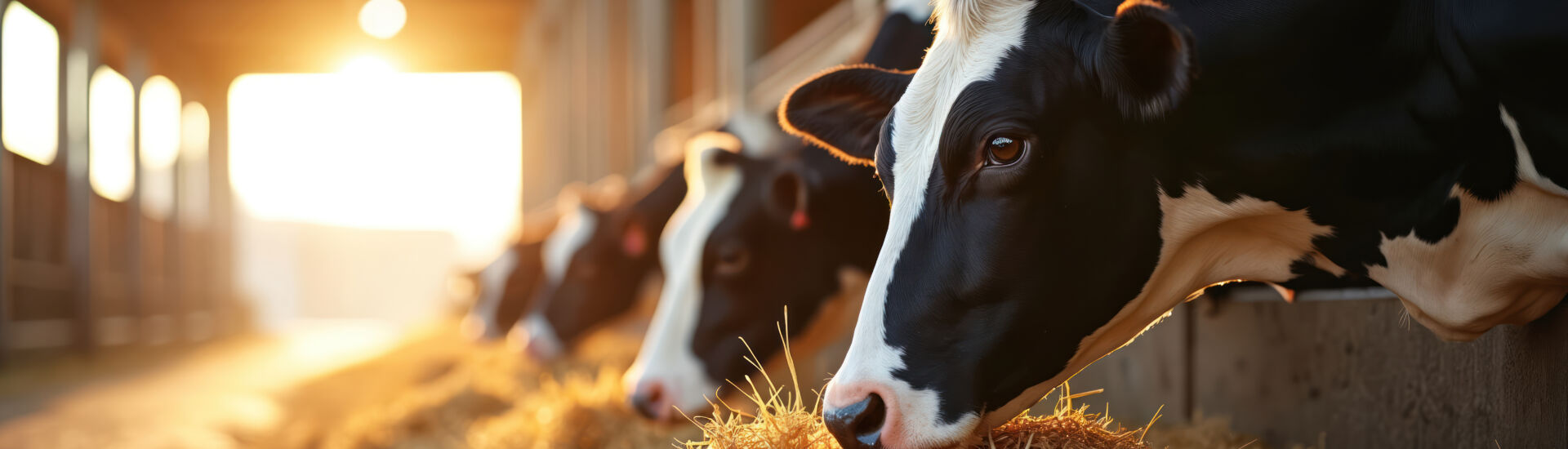 Holstein cows eat hay in barn at sunny morning. Dairy farm animals feed on straw inside cowshed. Rural livestock agriculture industry production.