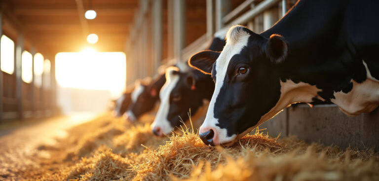 Holstein cows eat hay in barn at sunny morning. Dairy farm animals feed on straw inside cowshed. Rural livestock agriculture industry production.