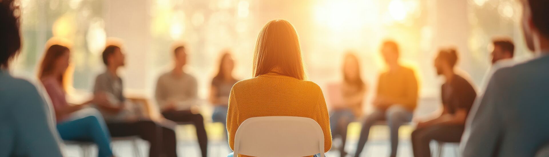 Emotion of isolation felt through an empty chair at a lively social gathering under warm sunlight
