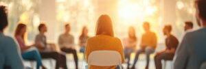 Emotion of isolation felt through an empty chair at a lively social gathering under warm sunlight