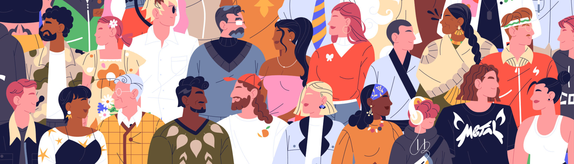 International community together. Crowd of diverse people in profile. Multiethnic group of men, women. Multinational society. Lots of characters with different nationalities. Flat vector illustration