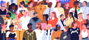International community together. Crowd of diverse people in profile. Multiethnic group of men, women. Multinational society. Lots of characters with different nationalities. Flat vector illustration