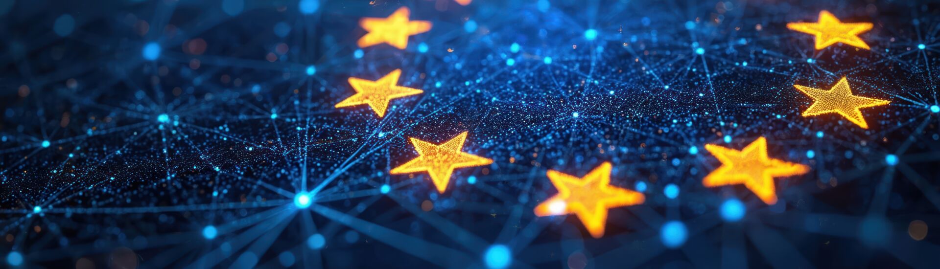 EU stars glow on abstract digital network. Futuristic tech connects global data points. Cybersecurity laws ensure data protection and privacy for all citizens.