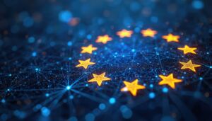 EU stars glow on abstract digital network. Futuristic tech connects global data points. Cybersecurity laws ensure data protection and privacy for all citizens.