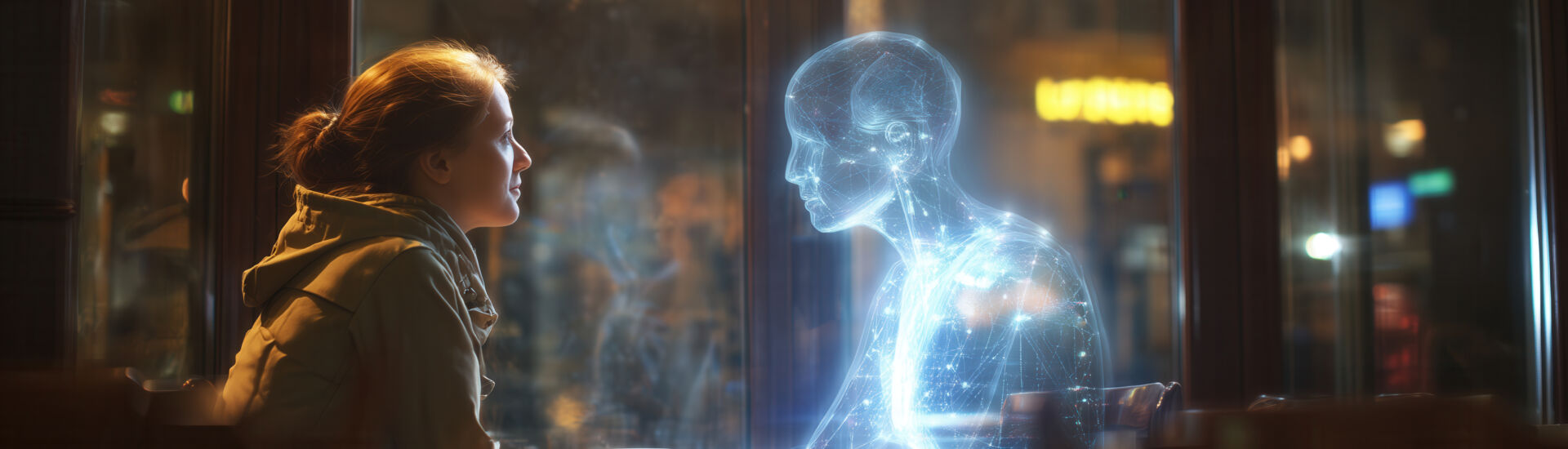 Woman sits at diner table facing glowing blue holographic man, sharing drink in neon-lit booth. Emotional human-AI connection, futuristic romance, intimate digital companionship vibe.