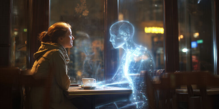 Woman sits at diner table facing glowing blue holographic man, sharing drink in neon-lit booth. Emotional human-AI connection, futuristic romance, intimate digital companionship vibe.