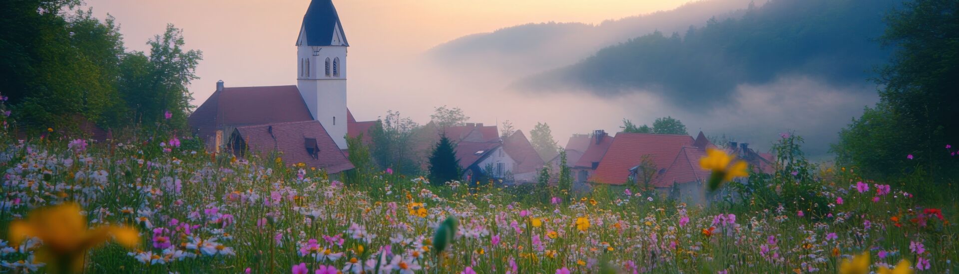 A tranquil view of a village church steeple surrounded by wildflowers at dawn in a misty landscape