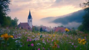 A tranquil view of a village church steeple surrounded by wildflowers at dawn in a misty landscape