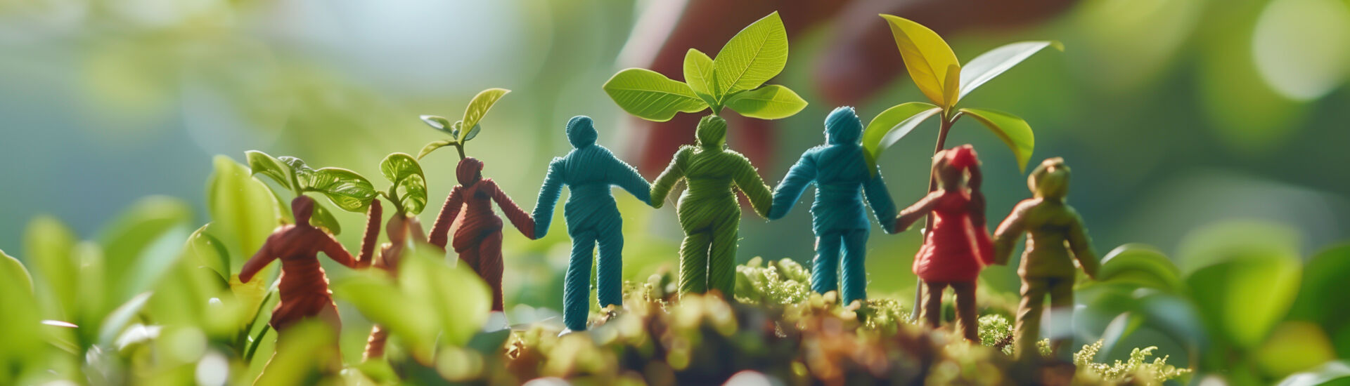 A group of various human figures were standing together around a trees with human hand at side, save world and save environment.