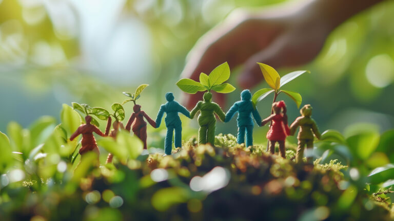 A group of various human figures were standing together around a trees with human hand at side, save world and save environment.