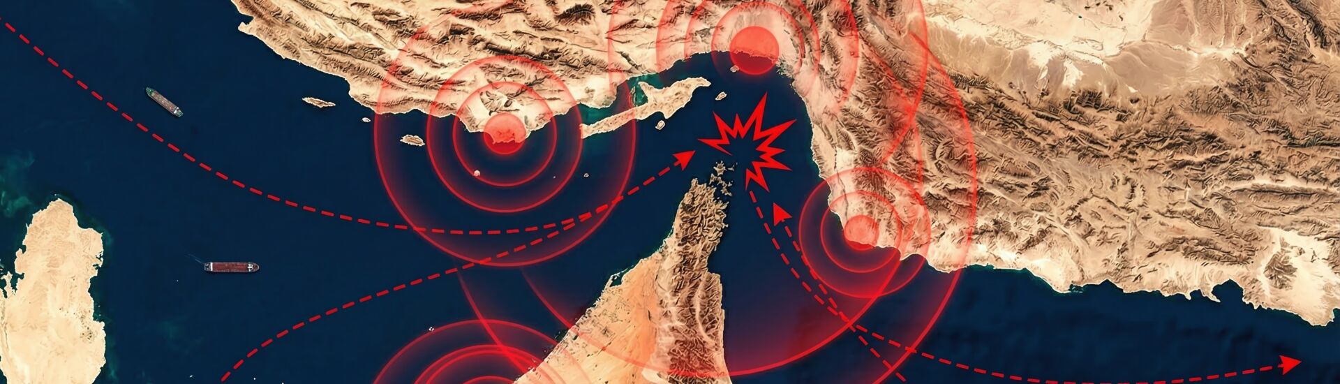 Photorealistic 3D topographic map of a strategic Middle Eastern strait, illustrating geopolitical tension, maritime activity, and potential flashpoints in a critical global waterway